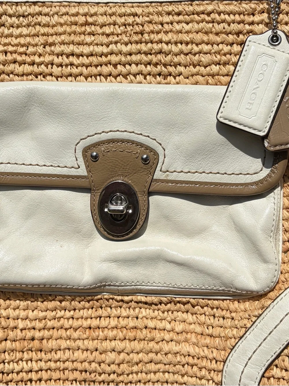 Coach Natural Straw Tote with Cream Leather Trim